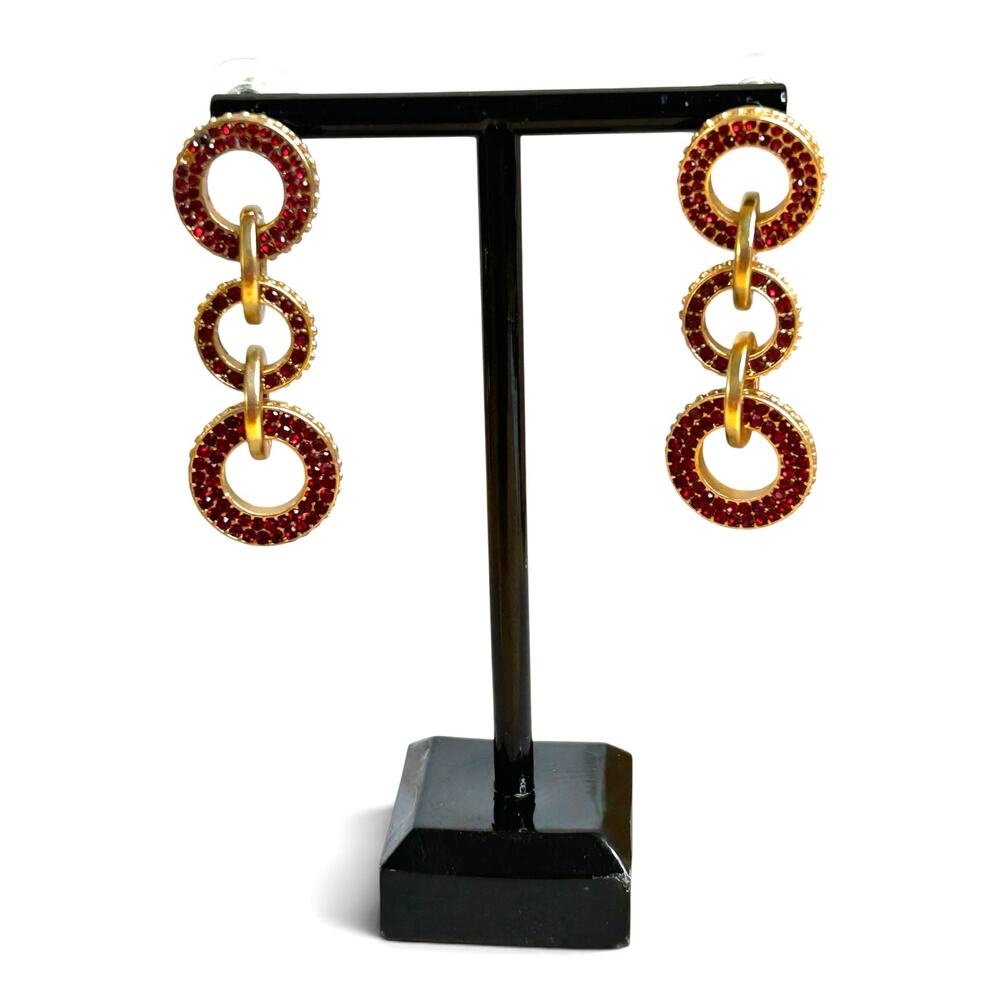 Vintage Gold Tone Red Rhinestone Pavé Triple Link Circles Dangle Drop Earrings